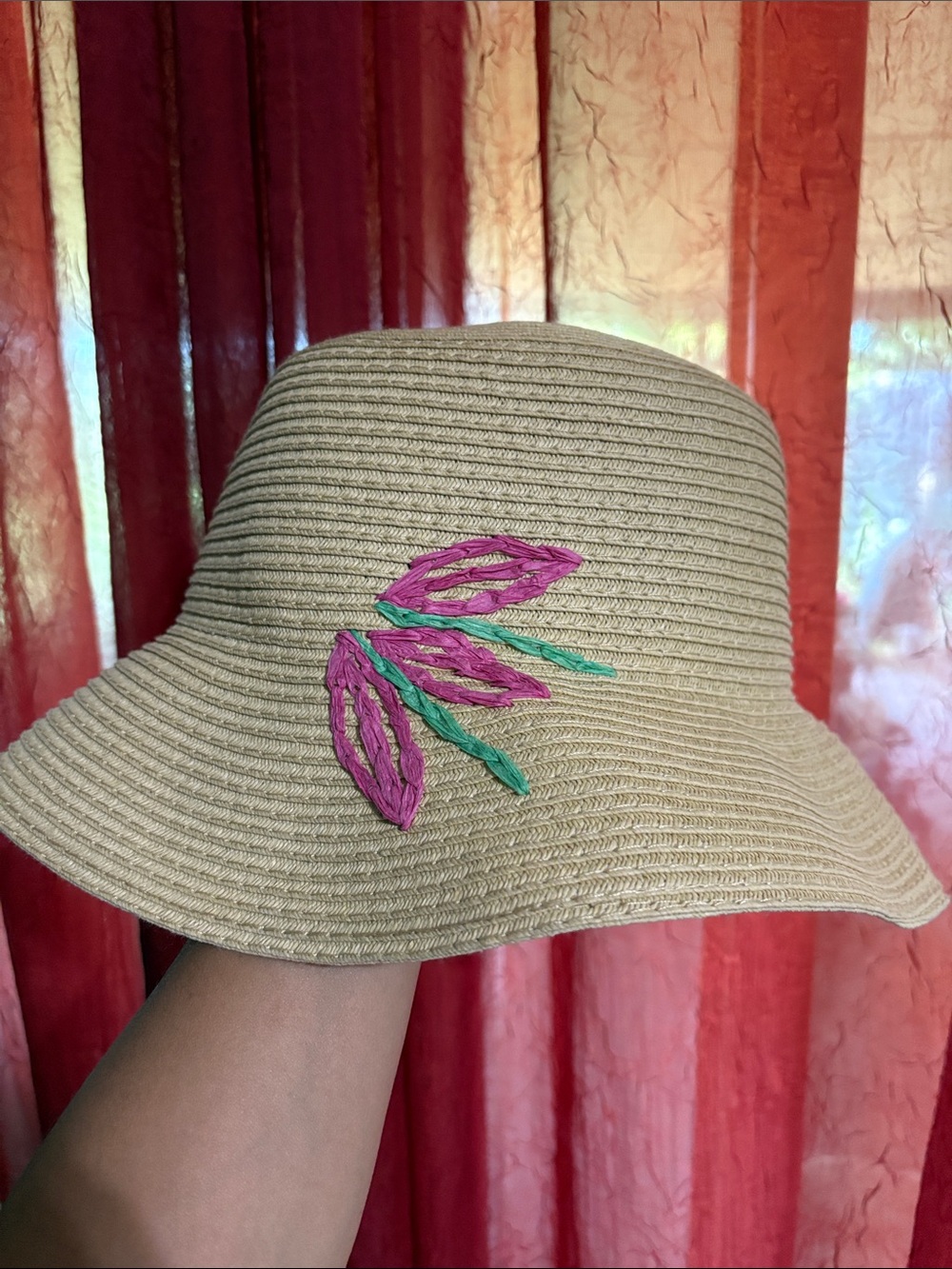 Laundry By Shelli Segal Beige Straw Sun Hat with Pink Embroidered Leaves